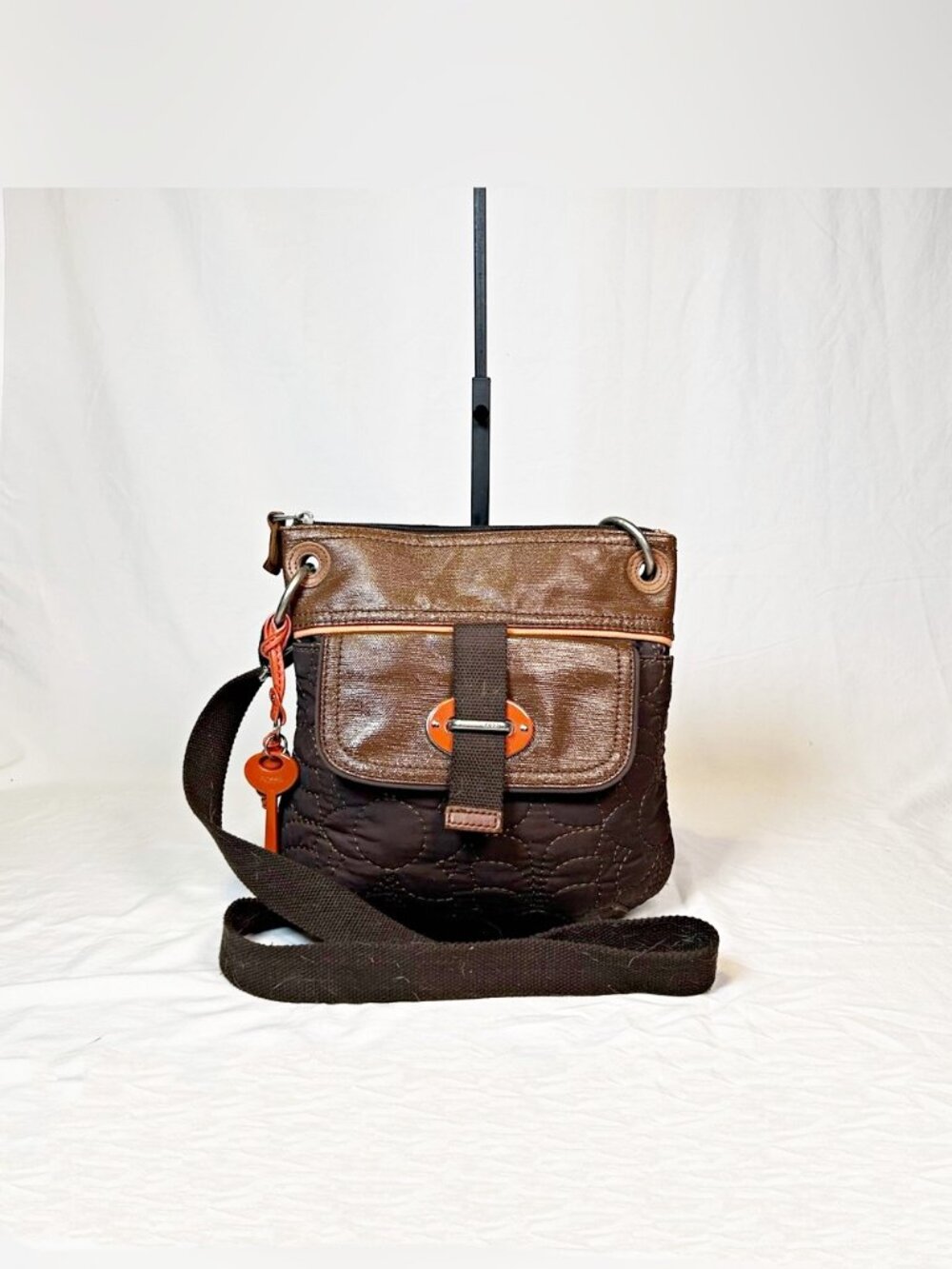 Fossil Key-Per Brown Quilted Floral Nylon Crossbody Messenger Bag